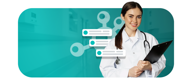 Doctor holding a clipboard with laboratory interface elements in a teal medical environment